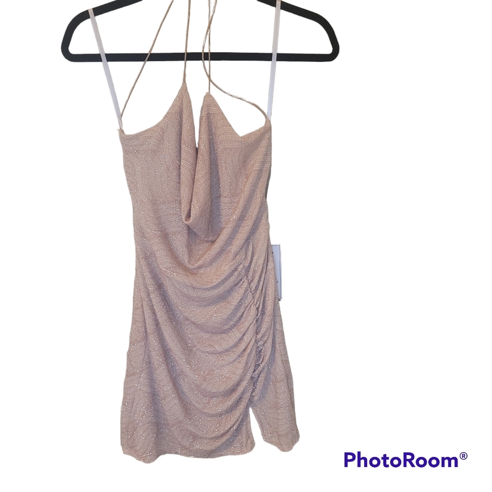 B. Darlin beige/gold glitter dress. Size XL. Spaghetti straps.